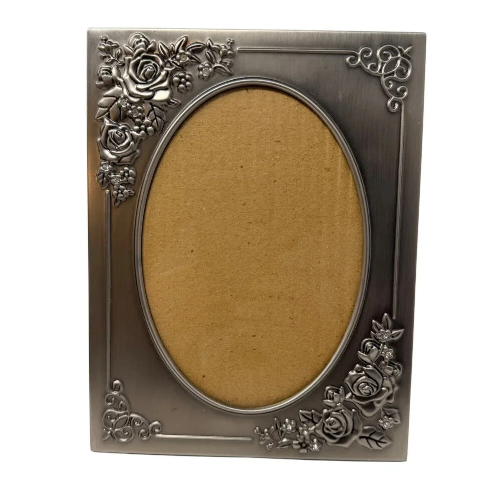 Vintage Pewter‎ Oval Photo Frame Floral Roses Cottage Style Tabletop Decor